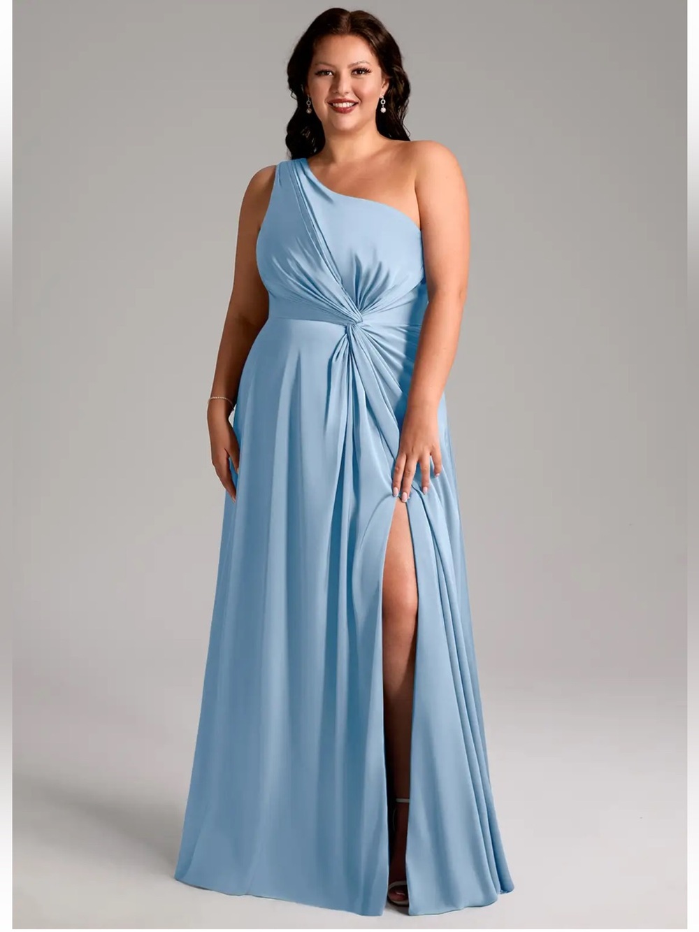 NWT Azazie Brooke Sky Powder Blue One-Shoulder Evening Gown with Side Slit